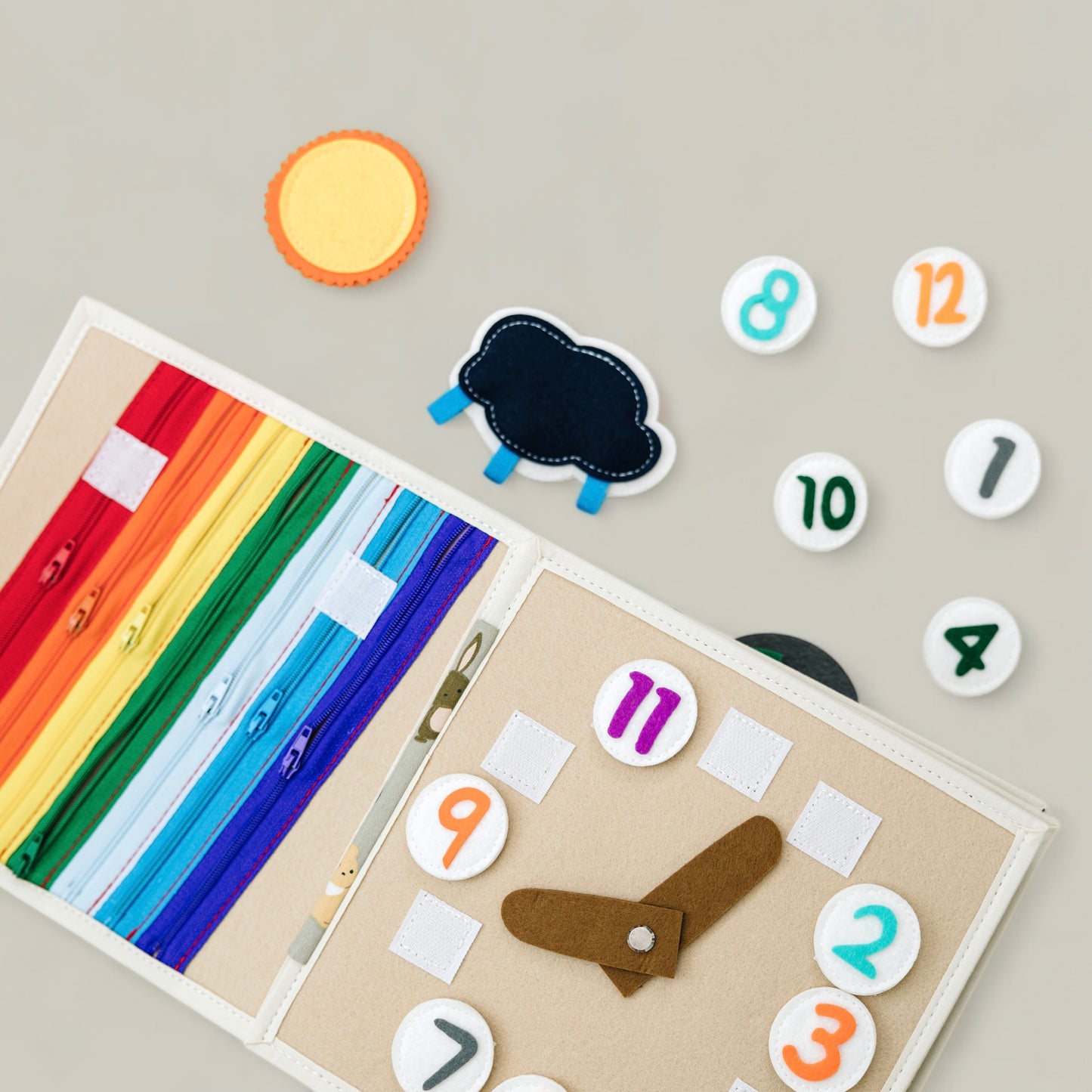 Felt sensory busy book for toddler, zipping, counting, explore shapes and color