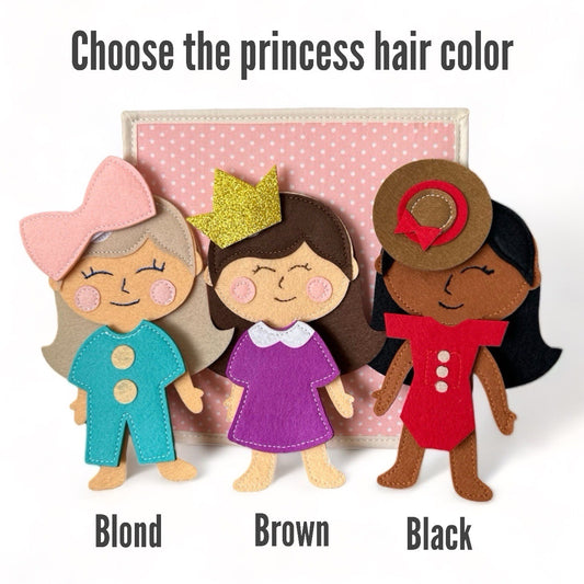 Toddler girl busy book with your choice of blond, brown or black hair color