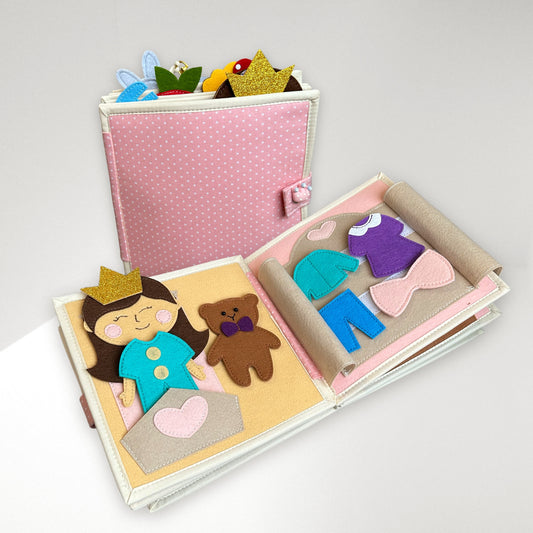 Montessori busy book toddler girl. Pink Quiet book, travel toy, sensory activity. Princess adventure with various princess hair and skin color.